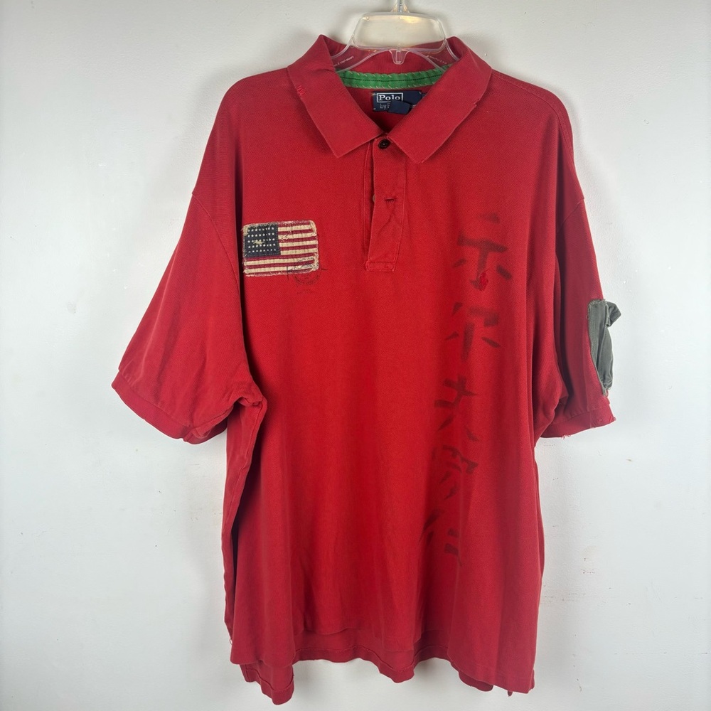 Polo. By Ralph Lauren red polo with Flag/stencil/distress-BIG Men’s 3X - Picture 9 of 16